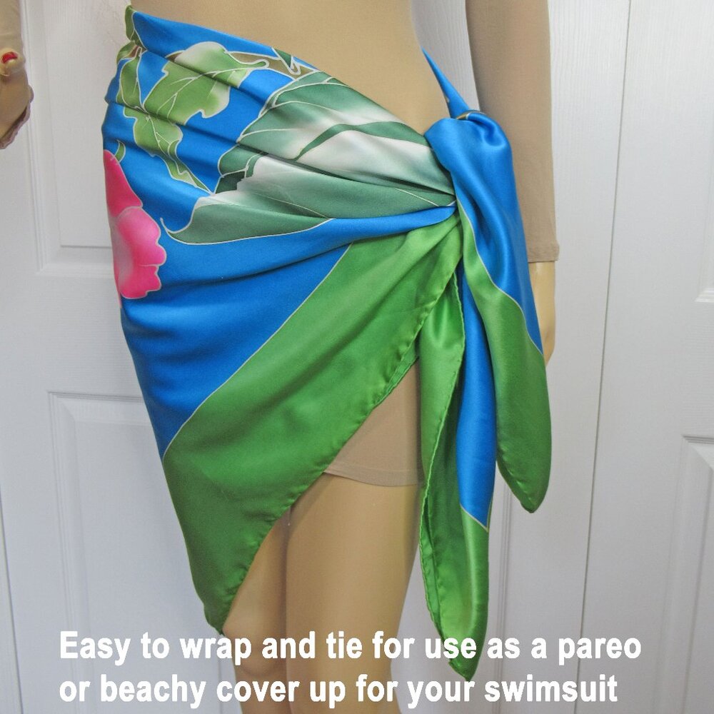 Tropical print 44 inch Scarf / Pareo / Shawl, Green, teal, pink blue floral - Picture 4 of 14